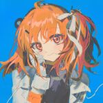  1girl a.i._voice adachi_rei black_shirt blue_background closed_mouth drawstring gloves hair_ornament hair_ribbon hairclip hand_in_own_hair hand_up headlamp jacket long_sleeves looking_at_viewer medium_hair one_side_up open_clothes open_jacket orange_eyes orange_hair ribbon schwarzald shirt sketch smile solo upper_body utau white_gloves white_jacket white_ribbon 