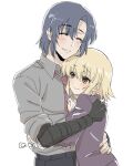  1boy 1girl athrun_zala blonde_hair blue_hair blush breasts cagalli_yula_athha closed_eyes coat couple gundam gundam_seed gundam_seed_destiny gundam_seed_freedom hand_on_another&#039;s_back hand_on_another&#039;s_shoulder hand_on_another&#039;s_waist hetero highres hug jacket necktie pant_suit pants pimoiomip purple_coat shirt short_hair smile suit uniform white_background yellow_eyes 