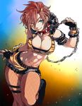  abs animal_print ashijirou bracelet collar fingerless_gloves gloves horns idolmaster idolmaster_cinderella_girls jewelry kiba_manami midriff oni short_hair simple_background solo spiked_bracelet spiked_collar spikes tiger_print 