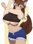  1girl absurdres animal_ear_fluff animal_ears black_skirt blue_shorts blush borrowed_character breasts brown_hair closed_mouth commentary_request commission cowboy_shot cross-body_stretch crossed_bangs grey_hair hair_between_eyes highres inverted_nipples large_breasts long_hair looking_at_viewer medium_bangs nipple_slip nipples open_fly original short_shorts shorts simple_background skeb_commission skirt slit_pupils smile solo tail two-tone_background underboob white_background wolf_ears wolf_girl wolf_tail yellow_background yellow_eyes yokuaka 