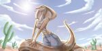  2021 5_fingers abs anthro apode athletic athletic_anthro athletic_female big_tail bottomwear breasts cactus clothed clothing cloud cobra day desert detailed_background digital_media_(artwork) draconcopode female fingers genitals hi_res latiar legless long_neck long_tail looking_at_viewer low-angle_view mina_(flying_afro) naga outdoor_nudity outside pants plant reptile scalie serpentine shadow sky snake solo sun tail tongue tongue_out topwear white_sclera 