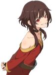  1girl absurdres arms_behind_back bare_shoulders black_choker blush brown_hair choker dress fingerless_gloves gloves grin highres iguchi_(strawmat) kono_subarashii_sekai_ni_shukufuku_wo! looking_at_viewer megumin red_dress red_eyes smile solo teeth 