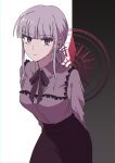  1girl absurdres alternate_costume black_background black_bow black_bowtie black_skirt bow bowtie breasts collared_shirt commentary danganronpa:_trigger_happy_havoc danganronpa_(series) frills hair_bun highres kirigiri_kyoko large_breasts long_sleeves pink_eyes pink_shirt red_background shirt shirt_tucked_in short_hair single_hair_bun skirt solo symbol-only_commentary tansug_(tansuk88) white_background 