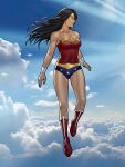  1girl absurdres black_hair blue_eyes boots bracer breasts circlet cleavage cloud dc_comics highres invictarex jewelry leotard long_hair muscular muscular_female red_footwear sky solo tiara wonder_woman 