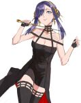  1girl bare_shoulders black_dress black_gloves blue_eyes breasts cleavage cosplay dagger dress earrings gloves gold_earrings gridman_universe gridman_universe_(film) hair_bun hair_ornament hair_over_one_eye hairband holding holding_dagger holding_knife holding_weapon jewelry knife long_hair looking_at_viewer princess_(dynazenon) risyo smile solo spy_x_family weapon yor_briar yor_briar_(cosplay) 