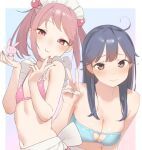 2girls ahoge armpit_crease beads bikini black_hair blush breasts brown_eyes cleavage closed_mouth frilled_bikini frills hair_beads hair_ornament hands_up head_tilt holding holding_ornament kantai_collection large_breasts long_hair looking_at_viewer maid_headdress medium_hair multiple_girls nail_polish pink_bikini pink_hair pink_nails rabbit_ornament red_eyes sakieko sazanami_(kancolle) short_twintails sidelocks small_breasts smile sparkle swept_bangs swimsuit twintails upper_body ushio_(kancolle) v 