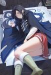  1girl absurdres black_eyes black_hair blush cloak closed_mouth highres holding long_hair looking_at_viewer lying multiple_girls mushoku_tensei nanahoshi_shizuka ranoa_magic_academy_school_uniform rasipan school_uniform skirt sleeping smile solo thighs 