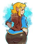  1girl ass black_pants blue_shirt curvy elf from_behind highres legendofnerd medium_hair pants pointy_ears princess_zelda shirt short_sleeves skin_tight solo the_legend_of_zelda the_legend_of_zelda:_breath_of_the_wild the_legend_of_zelda:_tears_of_the_kingdom 