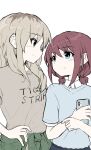  2girls blue_eyes blue_shirt brown_shirt cellphone closed_mouth collared_shirt commentary_request eye_contact girls_band_cry hand_on_own_hip highres hiro_eeee holding holding_phone iseri_nina kawaragi_momoka light_brown_hair looking_at_another multicolored_hair multiple_girls phone red_hair roots_(hair) shirt short_sleeves short_twintails simple_background smartphone smile twintails upper_body white_background 