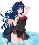  1girl absurdres arm_behind_head bikini bikini_skirt black_souls blue_eyes blue_hair hair_ribbon highres in_water long_hair mabel_(black_souls) one-piece_swimsuit red_ribbon ribbon ribbon-trimmed_bikini smile sponki swimsuit thighs 