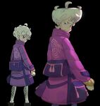  1boy bag bede_(pokemon) black_background blonde_hair closed_mouth coat commentary curly_hair eskey_09 eyelashes leggings long_sleeves looking_at_viewer looking_back male_focus pokemon pokemon_swsh purple_coat purple_eyes reference_inset short_hair smile smug watch wristwatch 