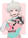  1boy :d ahoge bede_(pokemon) blonde_hair border collared_shirt commentary_request curly_hair eyelashes gloves hands_up highres looking_at_viewer male_focus mocollie open_mouth partially_fingerless_gloves pink_background pokemon pokemon_swsh purple_eyes shirt short_hair single_glove smile solo sparkle teeth undershirt white_border 