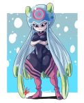  2024 animal_humanoid bandai_namco blue_hair blush blush_lines bodysuit breasts clothing cnidarian cnidarian_humanoid crossed_arms digimon digimon_(species) female glubtastic hair hi_res humanoid humanoid_pointy_ears jellyfish_humanoid jellymon long_hair marine marine_humanoid medusozoan medusozoan_humanoid pink_body pseudo_hair signature skinsuit solo standing tentacle_hair tentacles thick_thighs tight_clothing wide_hips 