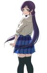  1girl black_thighhighs blue_skirt commentary dunchy from_behind green_eyes highres long_hair looking_at_viewer love_live! love_live!_school_idol_project pleated_skirt purple_hair shirt simple_background skirt solo thighhighs tojo_nozomi twintails white_background white_shirt 