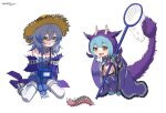  2girls blue_hair blue_kimono blue_mouth bridal_gauntlets butterfly_net caterpillar dragon_girl dragon_horns dragon_tail duel_monster full_body gloves grey_hair hand_net hat horns japanese_clothes jetihyeon kimono laundry_dragonmaid looking_at_animal maid multiple_girls needle_worm signature siren_(mythology) smile straw_hat tail tearlaments_merrli wa_maid white_background yellow_eyes yu-gi-oh! 