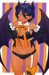  1girl agamemega antenna_hair bat_wings bikini black_bikini black_gloves blue_hair bow bowtie breasts cleavage collar colored_sclera demon_girl demon_horns demon_tail elbow_gloves frilled_collar frilled_gloves frills garter_straps gloves hair_between_eyes hair_ornament hairclip hands_on_own_hips highres horns looking_at_viewer navel orange_bow orange_bowtie orange_thighhighs original short_hair single_garter_strap solo standing swimsuit tail thighhighs wings yellow_sclera 