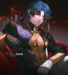  1boy artist_name bandaged_hand bandages black_gloves black_shirt blade_(honkai:_star_rail) blue_hair dated deviantart_username earrings gloves gradient_hair honkai:_star_rail honkai_(series) jewelry looking_at_viewer male_focus multicolored_hair parted_lips pixiv_username red_eyes shirashura shirt short_hair sitting solo toned toned_male twitter_username 