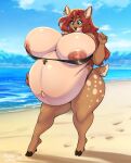  anthro areola beach big_breasts bikini biped breasts brown_body clothed clothing deer female fur hi_res huge_breasts mammal nipples pregnant solo swimwear thick_thighs tiggybloom 