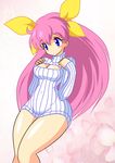  :o blue_eyes bottomless bow breasts cleavage covered_nipples hair_ribbon hanasaki_momoko jyb long_hair medium_breasts meme_attire open-chest_sweater pink_hair ribbon solo sweater wedding_peach yellow_bow 