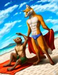 2021 anthro athletic athletic_anthro athletic_male barefoot beach brown_body brown_fur bulge canid canine claws clothed clothing detailed_background digital_media_(artwork) duo eye_contact feet fluffy fluffy_tail fox fur gulonine kippycube looking_at_another male male/male mammal marten mustelid musteline orange_body orange_fur pine_marten plantigrade sitting smile standing tail topless towl underwear underwear_only water whiskers 
