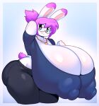  angstrom anthro big_breasts biped breasts cleavage clothed clothing female hair hi_res huge_breasts hyper hyper_breasts jewelry lagomorph leporid mammal mature_female necklace nipple_outline panties purple_hair rabbit shirt solo thick_thighs topwear underwear 