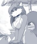  5:6 absurd_res anthro blue_and_white canid canine clothed clothing female fox greyscale hi_res infinitedge janice_(phandril) mammal monochrome outside sitting skimpy solo swimwear tongue tongue_out 