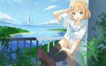  1girl animal_ears blonde_hair blue_eyes blue_necktie blue_skirt blue_sky blush cloud cloudy_sky commentary_request day dot_nose feet foot_focus hair_ornament hand_up highres horizon komachi_riruru_(rinki_oohen) looking_at_viewer midriff miniskirt navel necktie ocean one_side_up open_mouth original outdoors pleated_skirt railing rinki_oohen sailor_collar salute shirt short_hair short_sleeves sitting skirt sky smile solo water white_sailor_collar white_shirt 