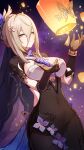  1girl absurdres aponia_(honkai_impact) black_dress black_gloves black_veil blonde_hair blue_eyes bracelet breasts butterfly_wings cleavage clothing_cutout commentary_request covered_navel cowboy_shot dress gloves hair_between_eyes hair_intakes hair_ornament hands_up highres honkai_(series) honkai_impact_3rd insect_wings jewelry lantern large_breasts looking_at_viewer mole mole_under_eye night night_sky official_art paper_lantern partial_commentary side_cutout skin_tight sky smile solo veil wings 