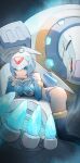  1girl absurdres android arm_support ass blue_eyes blue_footwear blue_gloves boots breast_rest breasts crop_top elbow_gloves english_commentary eyelashes fairy_leviathan_(mega_man) fingerless_gloves gloves hands_on_own_chin head_rest helmet highres ice large_breasts light_smile looking_at_viewer lying mega_man_(series) mega_man_zero_(series) mega_man_zero_2 on_stomach poler_kamrous robot_girl tanziya_(codlxcold) thigh_boots thighs 