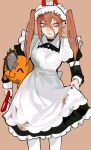  1girl apron black_choker black_nails chainsaw chainsaw_man choker cross-shaped_pupils demon_horns dirty dirty_face dress ear_piercing highres holding holding_brush holding_clothes holding_dress horns maid maid_apron maid_headdress orange_hair piercing pochita_(chainsaw_man) pout power_(chainsaw_man) sailen0 symbol-shaped_pupils twintails yellow_eyes 