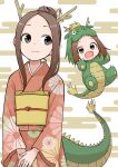  2girls animal_costume brown_eyes brown_hair chinese_zodiac dragon_costume dragon_horns dragon_tail egasumi hair_bun hair_ornament hair_stick highres horns inaba_mifumi japanese_clothes karakai_jouzu_no_takagi-san kimono long_sleeves looking_to_the_side mother_and_daughter multiple_girls new_year nishikata_chii obi open_mouth own_hands_together sash smile tail takagi-san year_of_the_dragon 