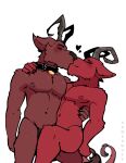  anthro bottomwear bovid butt caprine caprine_demon clothed clothing collar collar_tag deer demon don&#039;t_starve duo eyes_closed floppy_ears fur goat goat_demon heart_symbol hi_res holding_character holding_waist horn hybrid imp kissing klei_entertainment loincloth male male/male mammal navel nipples on_lap pecs red_body red_fur romeowuff simple_background sitting sitting_on_another sitting_on_lap smile thong topless topless_male underwear wortox 