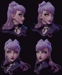  1girl absurdres black_background black_choker black_eyeshadow black_suit center_opening choker close-up closed_mouth cone_hair_bun demon demon_girl earrings evelynn_(league_of_legends) eyeshadow formal gold_earrings hair_bun highres hoop_earrings jewelry k/da_(league_of_legends) league_of_legends long_hair looking_to_the_side looking_up makeup markoxu necklace portrait purple_hair purple_lips slit_pupils solo suit the_baddest_evelynn the_diva tooth_necklace yellow_eyes 