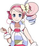  1girl blue_eyes blush collarbone earpiece earrings jewelry looking_at_viewer mole mole_under_eye pink_hair pokemon pokemon_bw2 side_ponytail straight-on traineralli upper_body wrist_cuffs yancy_(pokemon) 