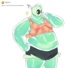  &quot; 1boy adapted_costume bara big_belly colored_skin cowboy_shot doug_(monster_prom) fat fat_man green_skin highres looking_to_the_side male_focus monster_boy monster_prom nifast_(greentail) object_through_head orange_tank_top see-through short_shorts shorts slime_boy solo standing sword_in_head tank_top tareme 