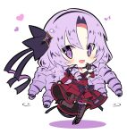  1girl black_gloves black_ribbon chest_tattoo chibi dancing dress drill_hair full_body gloves grey_pantyhose heart highres hopechi hyakumantenbara_salome long_hair looking_at_viewer musical_note nijisanji no_nose open_mouth pantyhose purple_eyes purple_hair red_dress ribbon solo tattoo very_long_hair virtual_youtuber 