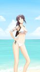  bikini black_lagoon brown_hair chro_htm grin gun handgun hands_on_hips holster long_hair looking_at_viewer navel pistol ponytail revy_(black_lagoon) shoulder_holster side-tie_bikini smile solo swimsuit tattoo weapon 