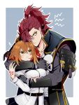  1boy 1girl armor blush fate/grand_order fate_(series) fujimaru_ritsuka_(female) hair_over_one_eye hetero highres hug japanese_armor koma02634 long_hair mori_nagayoshi_(fate) official_alternate_costume one_eye_covered orange_eyes orange_hair red_hair short_hair 