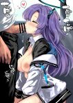  1boy 1girl bar_censor black_halo black_pants blue_archive breasts censored closed_eyes collared_shirt commentary_request cum cum_in_mouth fellatio halo heart hetero highres jacket kumakou large_breasts long_hair mechanical_halo nipples open_clothes open_jacket oral pants penis purple_hair sensei_(blue_archive) shirt solo_focus spoken_heart sweat thighs two_side_up white_shirt yuuka_(blue_archive) 