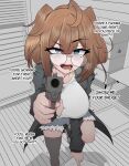  1girl absurdres ahoge aiming aiming_at_viewer bags_under_eyes blue_eyes breasts brown_hair cigarette commentary commission english_commentary english_text feet finger_on_trigger foot_focus glasses glowie_(meme) grey_jacket grey_thighhighs gun hair_between_eyes handgun highres holding holding_gun holding_weapon indoors jacket large_breasts long_sleeves looking_at_viewer mayoa meme monochrome_background mouth_hold open_clothes open_jacket open_mouth original profanity raised_eyebrows shirt sidelocks smile solo standing standing_on_one_leg thighhighs weapon white_shirt 