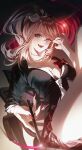  1girl absurdres bear_hair_ornament big_hair black_bra black_shirt blonde_hair blue_eyes bow bra breasts choker cleavage commentary_request danganronpa:_trigger_happy_havoc danganronpa_(series) enoshima_junko hair_ornament highres holding holding_marker junpaku_karen large_breasts long_hair looking_at_viewer marker nail_polish necktie open_mouth red_bow red_nails shirt shirt_bow skirt sleeves_rolled_up smile solo twintails two-tone_necktie underwear white_necktie 
