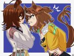  2girls absurdres agnes_tachyon_(umamusume) ahoge anger_vein animal_ears artist_logo bandeau bandolier belt black_skirt blue_background border braid breasts brown_hair cleavage clenched_teeth coat color_neko_(user_yfvc3323) commentary_request cropped_jacket crossed_arms earrings french_braid hair_between_eyes hands_on_own_hips highres horse_ears horse_girl horse_tail jacket jewelry jungle_pocket_(umamusume) lab_coat long_sleeves medium_breasts medium_hair midriff multiple_girls navel notched_ear open_clothes open_coat open_jacket outside_border red_eyes short_ponytail single_earring skirt sleeves_past_fingers sleeves_past_wrists small_breasts smile tail teeth test_tube umamusume very_long_sleeves white_border white_coat yellow_eyes yellow_jacket 