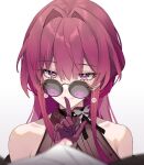  1girl alternate_costume alternate_hairstyle close-up finger_to_mouth gloves honkai:_star_rail honkai_(series) kafka_(honkai:_star_rail) long_hair looking_at_viewer purple_eyes purple_gloves purple_hair round_eyewear shushing simple_background smile solo srpzk sunglasses white_background 