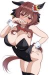  1girl absurdres animal_ears black_leotard breasts brown_hair cleavage detached_collar ear_covers gentildonna_(umamusume) hand_on_own_hip heart_ear_ornament highres horse_ears horse_girl horse_tail large_breasts leotard looking_at_viewer newon open_mouth red_eyes short_hair smile solo strapless strapless_leotard tail thighs umamusume white_background 