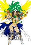  2014_fifa_world_cup absurdres black_hair blue_eyes brazil brazilian breasts daibajoujisan feathers highres jewelry large_breasts long_hair navel open_mouth personification samba smile soccer solo world_cup 