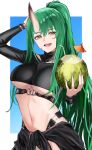  1girl absurdres alternate_costume arknights arm_up belt black_belt black_shirt blue_background border breasts coconut_cup commentary_request cropped_shirt food fruit green_hair highres holding holding_food holding_fruit horns hoshiguma_(arknights) large_breasts long_hair looking_at_viewer navel open_mouth ponytail puranetto_(vjun4748) shirt single_horn skin-covered_horns smile solo stomach teeth underboob underbust upper_body upper_teeth_only white_border yellow_eyes 