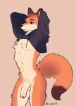  anthro balls black_nose bottomless bottomless_anthro bottomless_male brown_body brown_fur canid canine cheek_tuft chest_tuft clothed clothing cropped_hoodie dipstick_tail facial_tuft fluffy fluffy_tail foreskin fox fur genitals half-erect hands_behind_head head_tuft hi_res hoodie humanoid_genitalia humanoid_penis lagimos6 male mammal markings orange_body orange_fur penis pink_background red_fox shaded signature simple_background snout solo standing tail tail_markings tan_body tan_fur topwear topwear_only true_fox tuft 