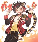  1boy :d animal_ears bad_id bad_pixiv_id black_hair black_pants claw_pose coat cowboy_shot ensemble_stars! fangs hands_up highres idol_clothes jacket long_sleeves looking_at_viewer male_focus meremero multicolored_hair nagumo_tetora open_clothes open_jacket open_mouth orange_eyes pants red_coat red_hair red_jacket shirt short_hair smile solo standing streaked_hair tail tiger_boy tiger_ears tiger_tail translation_request yellow_shirt 