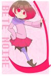  bete_noire betty_noire boots brown_footwear brown_hair glitchtale highres pink_shirt purple_shirt red_eyes red_hair red_scythe red_skirt scythe shirt skirt 