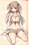  bangs bare_shoulders bikini bikini_skirt breasts cleavage collarbone front-tie_bikini front-tie_top hair_ribbon hana-kagume large_breasts long_hair maya_yukiko monochrome navel plaid ribbon saki sitting solo swimsuit traditional_media wariza wristband 